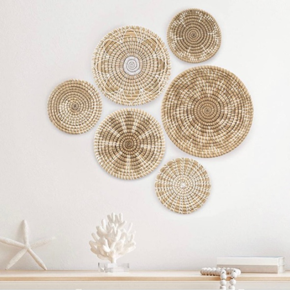 Wall Baskets Boho Coastal Set of 6 Handcrafted Seagrass Hanging Woven WallBasket